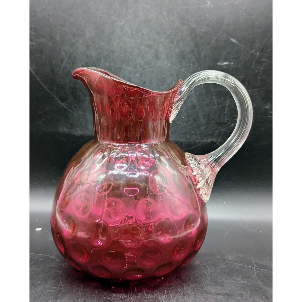 Antique Victorian Bohemian Cranberry Thumbprint Art Glass Pitcher Applied Handle